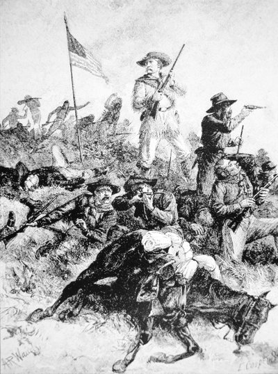 Illustratie van de Slag bij Little Bighorn, 25 juni door Alfred Rudolph (after) Waud
