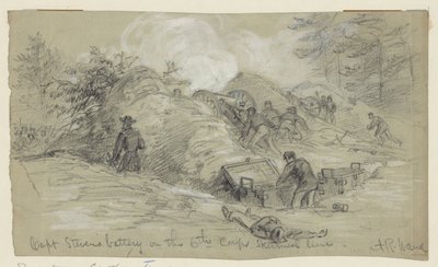 Batterij van Kapitein Stevens op de schermutselingslinie van het 6e Korps door Alfred Rudolph Waud