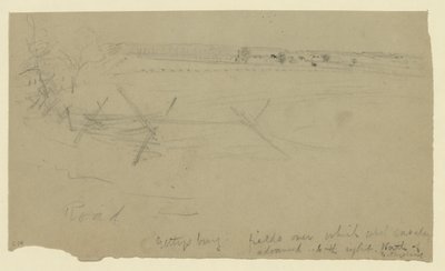 Gettysburg - velden waarover de opstandige cavalerie oprukte naar rechts, ten noorden van Gettysburg door Alfred Rudolph Waud