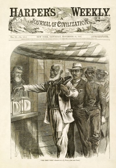 De eerste stem, gepubliceerd in Harpers Weekly, 1867 door Alfred Rudolph Waud