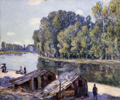 Hutten aan de rand van het Canal du Loing met zonneschijn door Alfred Sisley