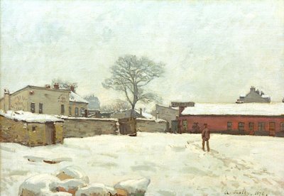 Onder de sneeuw, boerenerf in Marly-le-Roi door Alfred Sisley