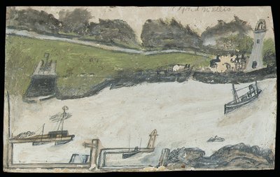 Havengezicht met kasteel en vuurtoren door Alfred Wallis