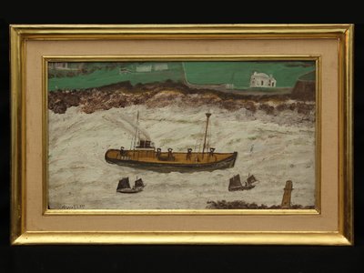 Drie boten tussen vuurtoren en kust, ca. 1930 door Alfred Wallis