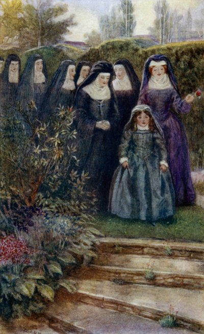 De jonge Marie-Angelique Arnauld wandelt in de kloostertuin met haar nonnen door Alfred Wallis Mills