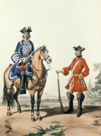 Provost Marshal van de Constabulary en een lid van de militaire politie in 1724, gegraveerd door D. Noirmont door Alfred de after Marbot