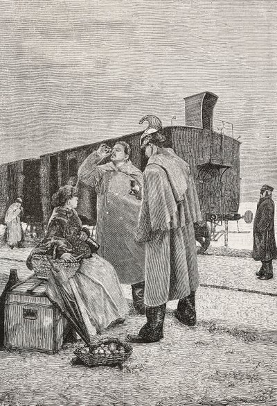 Vijf minuten stop, twee mannen staan bij een treinstop te drinken en eten, gravure naar een schilderij van Alfredo Luxoro, uit L
