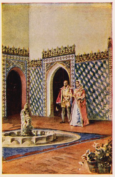 Moorse architectuur in het Paleis van Sintra, Portugal (kleur litho) door Alfredo Roque Gameiro