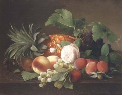 Stilleven met ananas, perziken, pruimen en druiven door Alfrida Vilhelmine Ludovica Baadsgaard