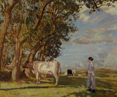 Zomerochtenden, een melkmeid en vee door Algernon Mayow Talmage