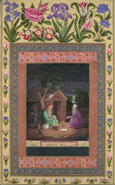 Twee oude mannen in gesprek buiten een hut, Folio uit het Davis Album door Ali Quli Jabbadar