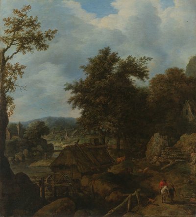 Zweeds landschap met een watermolen door Allaert van Everdingen