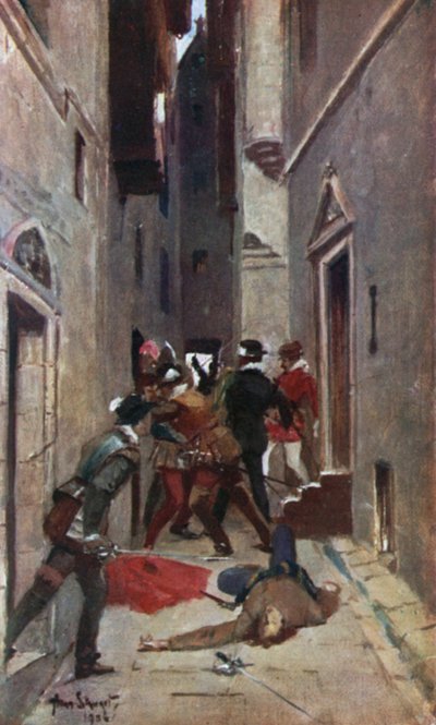 "A Tulzie" in de High Street van Edinburgh. Illustratie voor Tales of a Grandfather door Sir Walter Scott (Werner Laurie, ca. 1910). door Allan (after) Stewart