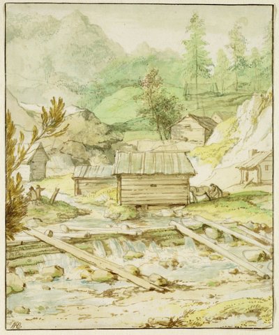 Noordelijk Landschap met Houten Hut en Stuw door Allart van Everdingen