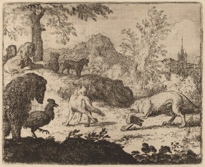 Reinaert verblindt de wolf in één oog, waarschijnlijk ca. 1645-1656 door Allart van Everdingen