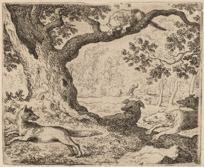 Reinaards vader en de kat achtervolgd door honden, waarschijnlijk ca. 1645-1656 door Allart van Everdingen