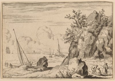 Zeegezicht met drie figuren rechts door Allart van Everdingen