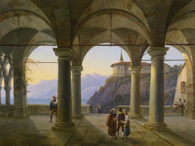 Zuilenterras met figuren en uitzicht op een bergmeer door Alois Gustav Schulz