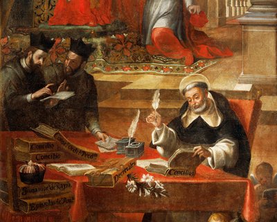 Twee jezuïeten in gesprek terwijl St. Raymond het Concilie schrijft (detail) door Alonso Antonio Villamor