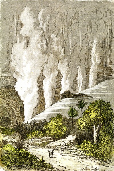 Prehistorie- Cataracten van Zambeze: Natuurlijke Creatie en Levende Wezens. Tekening door A. Demarle. 1885 door Alphonse Demarle