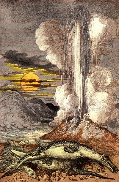 Giftige uitbarstingen van thermale wateren in de Trias periode. Schepping en Levende Wezens (door Jules Rengade). Tekening door A. Demarle. 1885 door Alphonse Demarle
