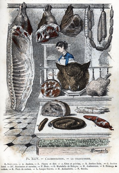 Uitzicht op een vleeswaren Een halve varkensvlees (een ham b aloyau c ribben en borst) B verse ham C gerookte ham D worsten en cerevelas F hure G mortadella uit Bologna H ham I varkenskaas K varkenspoten L gevulde tong M andouillette N bloedworst) (delicat door Alphonse Demarle