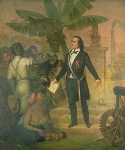 Joseph Napoleon Sebastien Sarda Garriga (1808-77) met het emancipatiebesluit op La Reunion door Alphonse Garreau