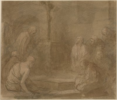 Aan de voet van het kruis (pen en bruine inkt met bruin gewassen over grafiet op geschept papier) door Alphonse Legros