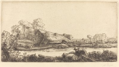 Boerderij langs de rivier gezien bij avondlicht (La ferme sur la rivière: Effet du soir) door Alphonse Legros
