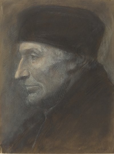 Hoofd van een man met een schedelmuts door Alphonse Legros
