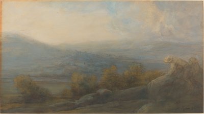 Berglandschap met twee figuren rechts door Alphonse Legros