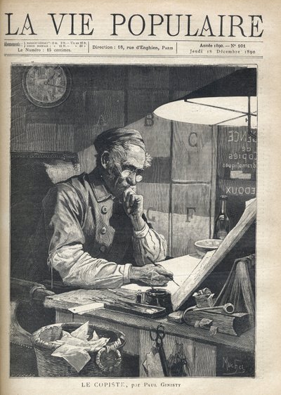 Een geconcentreerde kopiist aan het werk in zijn kantoor. Illustratie door Alfons Maria Mucha (Alphonse Marie Mucha) door Alphonse Mucha