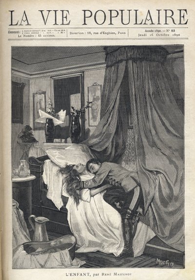 Een wanhopige soldaat omhelst het lijk van een vrouw die in een bed ligt. Illustratie door Alfons Maria Mucha door Alphonse Mucha