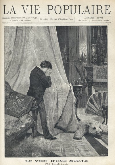 Een man huilt, verbergt zijn tranen en gezicht in een zakdoek, staand achter het baldakijn van een bed, in een rijkelijk versierde slaapkamer, met berenvel, geborduurde kussens, waaier en diverse vazen en kandelaars. Illustratie door Alfons Maria Mucha door Alphonse Mucha