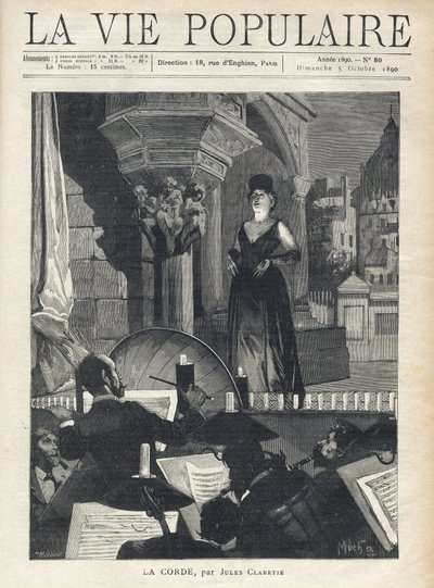 Een zanger, op het podium, kijkt naar het orkest in de bak, de muzikanten en de dirigent in volle uitvoering. Illustratie door Alfons Maria Mucha door Alphonse Mucha