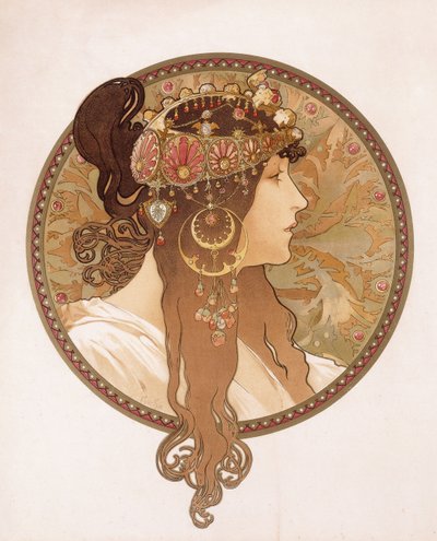 Byzantijns hoofd van een brunette, ca. 1897 door Alphonse Mucha
