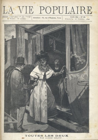 Afscheid tussen een man en een vrouw die op een trein stappen op het perron van een station. Illustratie door Alfons Maria Mucha (Alphonse Marie Mucha) door Alphonse Mucha