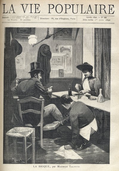 In een restaurant, een man en een vrouw zijn gescheiden en dineren. De bediende hurkt bij de man en plaatst een hete steen onder zijn voeten. Illustratie door Alfons Maria Mucha door Alphonse Mucha