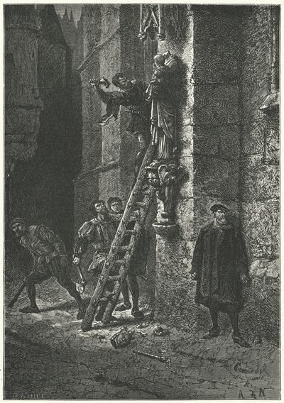 Protestanten vernietigen een beeld van de Maagd en het Kind op Notre Dame, Parijs door Alphonse Marie de (after) Neuville