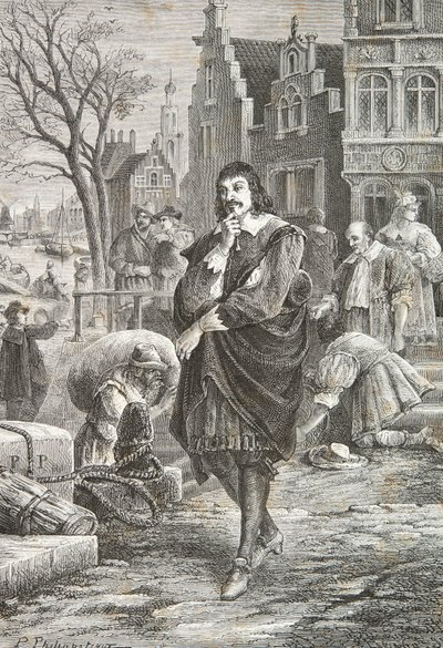Descartes wandelend in Amsterdam (Gravure) door Alphonse Marie de Neuville