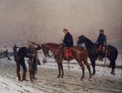 Generaal ondervraagt een mobiele bewaker die een gewonde officier ondersteunt, december 1870 door Alphonse Marie de Neuville