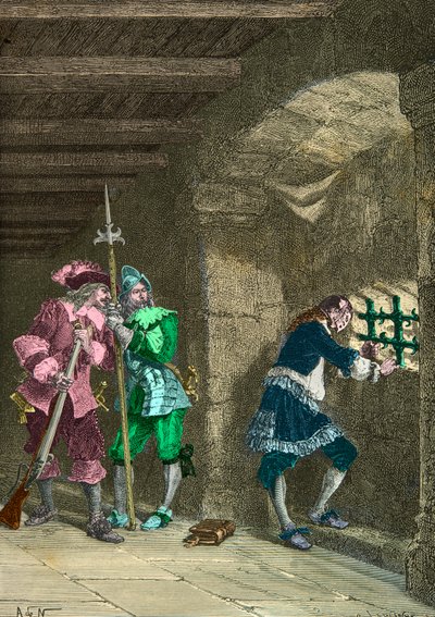 De man met het ijzeren masker in de gevangenis (Gravure) door Alphonse Marie de Neuville