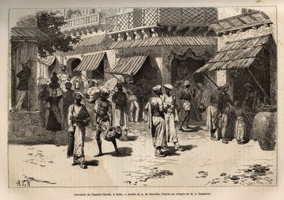 Het kruispunt van Chandni chowk, de straat van goudwormen, de belangrijkste verkeersader van commerciële en ambachtelijke activiteiten, die Dehli doorkruist van de grote poort van het paleis tot de poort van Lahore, gravure naar de tekening van A. de Neuvi door Alphonse Marie de Neuville
