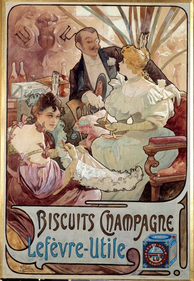 Art Nouveau: reclameposter voor biscuits Champagne geproduceerd door Lefevre Utile, door Alphonse Mucha 1897 door Alphonse Mucha
