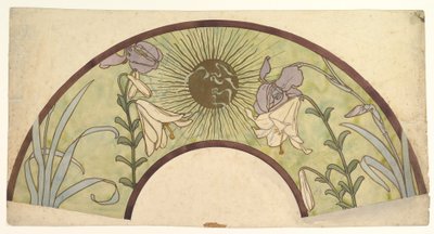Ontwerp voor een waaier met zonnestralen, lelies en irissen, eind 19e - midden 20e eeuw door Alphonse Mucha