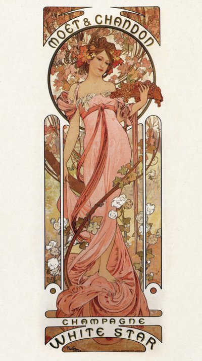 Reproductie van een reclameposter voor champagne door Alphonse Mucha