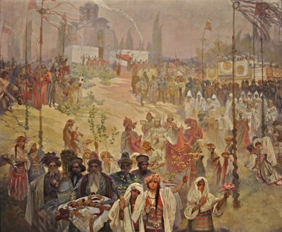 De Kroning van de Servische Tsaar Stefan Dusan als Oost-Romeinse Keizer De cyclus Het Slavische Epos door Alphonse Mucha