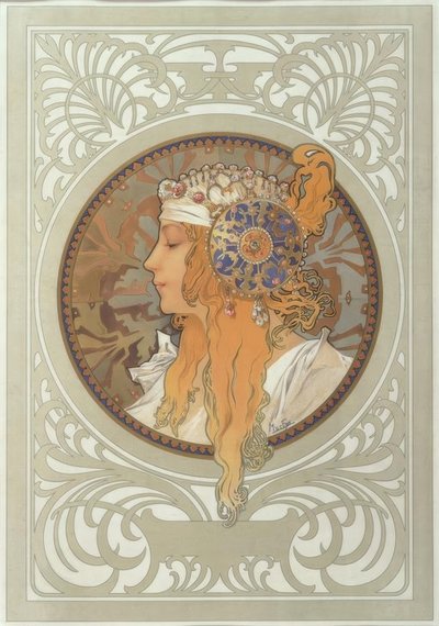 Byzantijns hoofd: Blondine door Alphonse Mucha