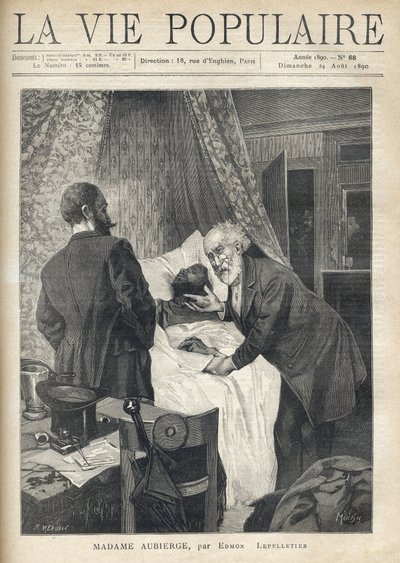 Twee mannen buigen zich over een bed om de dood van een man te zien. Bij de deur kijken andere mannen naar de scène. Illustratie door Alfons Maria Mucha (Alphonse Marie Mucha) door Alphonse Mucha