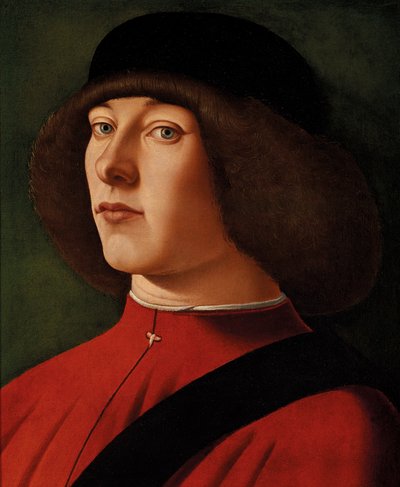 Portret van een man, buste-lengte, met een groene achtergrond door Alvise (and workshop) Vivarini